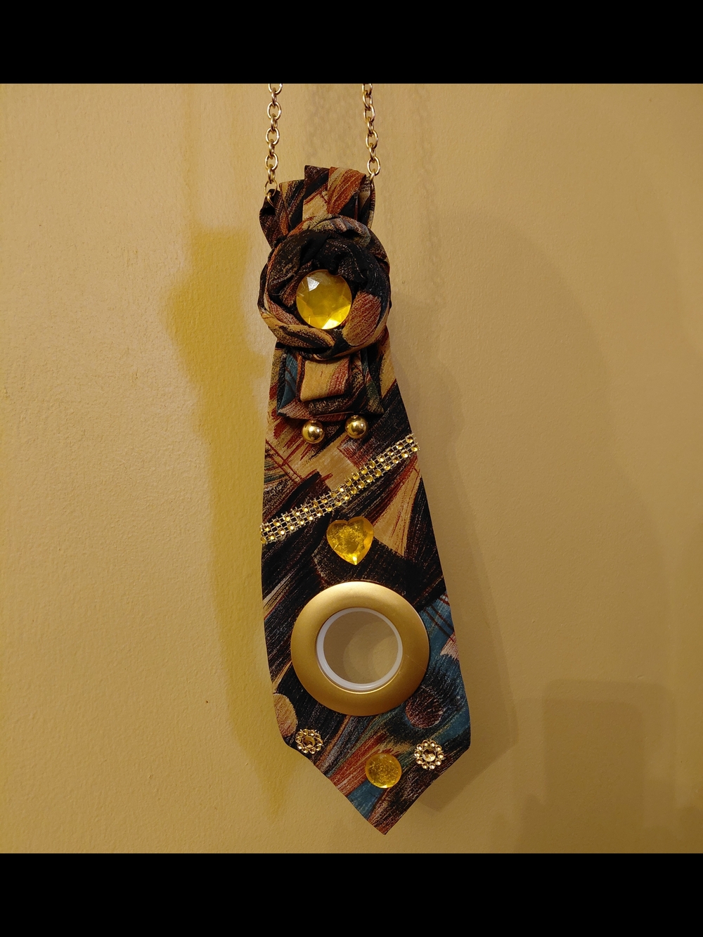 OOAK REDESIGNED WOMEN  Abstract Patterned Tie Pendant Necklace with Gold Accents